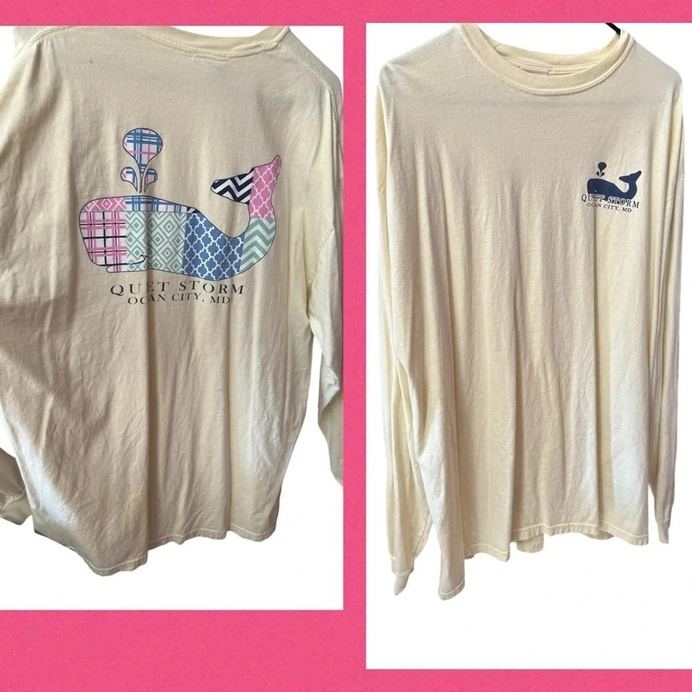 QUIET STORM SURF SHOP Y2K graphic tee. Pale yellow, pastel whale, XL, 23” P2P
